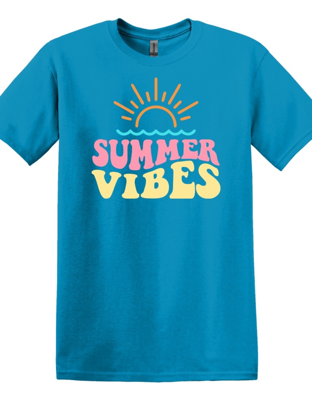 Summer Vibes Graphic T-Shirt Blue Sun Retro Font Short Sleeve Tee Unisex